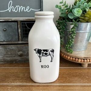 New Rae Dunn Farm Line Ceramic Cow Milk Bottle “Moo”